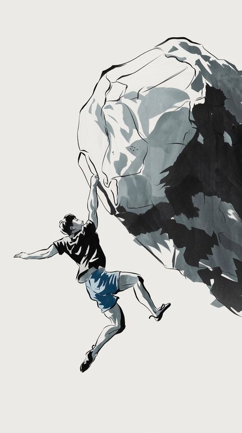 A minimalist Korean-style ink drawing of a climber scaling a large boulder, showcasing the human spirit of determination. The monochromatic tones emphasize the climber’s form and the rugged texture of the rock, creating a visually powerful representation of endurance and adventure The Climber, Monochrome Style, Human Spirit, Monochrome Fashion, Aesthetic Japan, Japan Art, Parkour, Rock Climbing, Art Paint