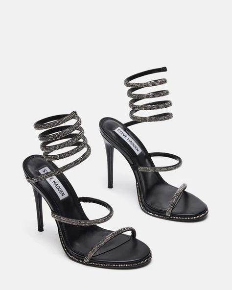 EXOTICA Black Strappy Rhinestone Heel | Women's Heels – Steve Madden Fancy Heels, Girls High Heels, Steve Madden Store, Sparkly Heels, Steve Madden Heels, Rhinestone Heels, Sparkly Dress, Stiletto Sandals, 5 Inch Heels