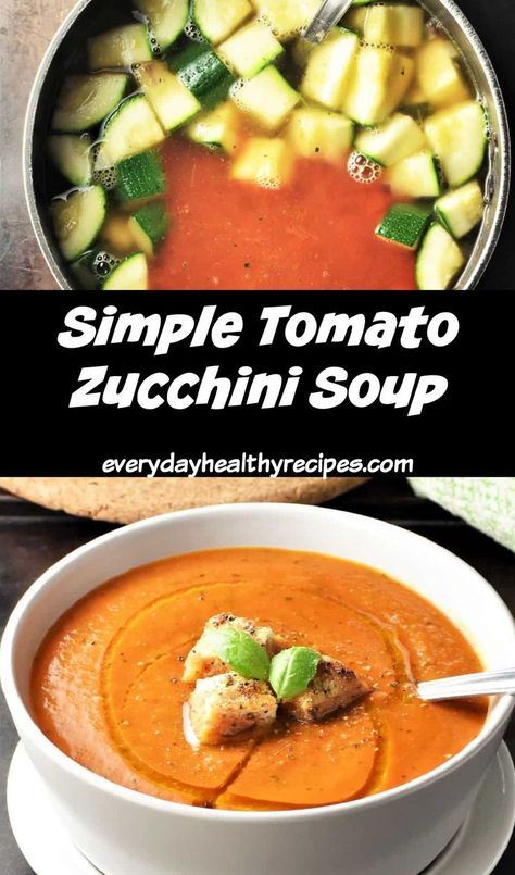 Making tomato zucchini soup in pot and side view of creamy soup with croutons and spoon in white bowl. Zucchini Soup Recipes, Fresh Tomato Soup, Bisque Soup, Dairy Free Soup, Zucchini Soup, School Recipes, Dairy Free Breakfasts, Tomato Soup Recipes, Healthy Comfort Food