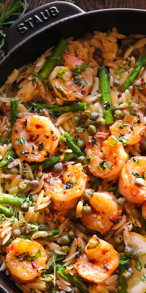 Lemon Shrimp Orzo with Asparagus and Capers - in a cast iron skillet. Lemon Shrimp Orzo With Asparagus, Shrimp And Capers Pasta, Lemon Orzo Shrimp Asparagus, Lemon Orzo Pasta With Shrimp, Shrimp Asparagus Orzo Recipes, Shrimp With Orzo Recipes, Shrimp Orzo Recipes, Lemon Shrimp Orzo, Orzo Salad Dressing