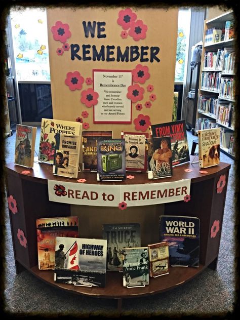 Read to Remember | The Beaklet Remembrance Day Library Display Veterans Day Library Displays, Remembrance Day Library Displays, Rememberance Day Bulletin Board Ideas, November Book Displays Library, Remembrance Day Display, Christmas Library Decorations, Remembrance Day Bulletin Board Ideas, Library Displays School, November Library Displays