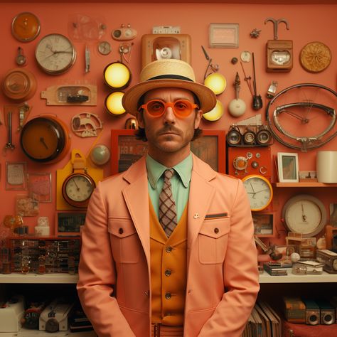 Wes Anderson inspired character design and photoshoot - the pink watch maker Wes Anderson Portrait Style, Wes Anderson Photoshoot Ideas, Wes Anderson Set Design, Wes Anderson Shots, Wes Anderson Aesthetic Photography, Wes Anderson Style Photography, Wes Anderson Portrait, Wes Anderson Pink, Wes Anderson Photoshoot