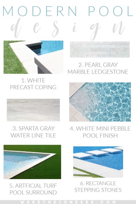 White Tiled Swimming Pool, Simple Waterline Pool Tile, White Precast Coping, Swimming Pool Pebble Finish, Swimming Pool Tiles Ideas Modern, White Mosaic Waterline Pool Tiles, Chevron Pool Tile, Infinity Edge Spa In Pool, Pool Pebble Finish