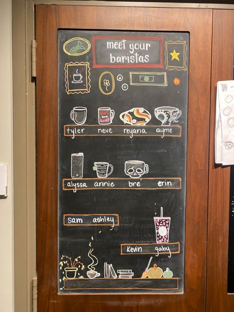 artist: breanna riley. each barista was asked the question: if you were a coffee cup, what cup would you be? Meet Your Barista Board, Barista Chalkboard, Barista Ideas, Starbucks Chalkboard, Cafe Chalkboard, Culture Cafe, Coffee Chalkboard, Starbucks Ideas, Coffee Display