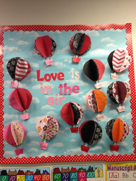 Love is in the air hot air balloon valentines day bulletin board February Bulletin Boards, Valentine Bulletin Boards, Class Bulletin Boards, Work Bulletin Boards, Valentines Day Bulletin Board, 11 February, 10 February, Preschool Bulletin, Preschool Valentines