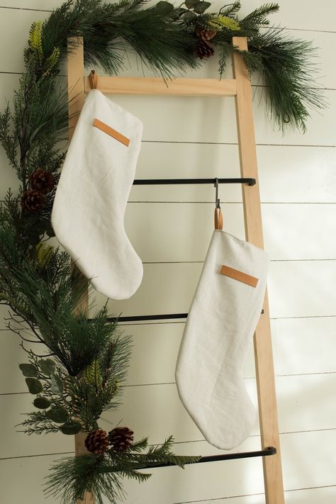 Linen Stockings Christmas, Stocking Ladder Christmas, Stocking Holders Standing Diy, Diy Stocking Holder Stand, Ladder Stocking Holder, Standing Stocking Holder, Throw Ladder, Stocking Display, Christmas Stocking Holder Stand