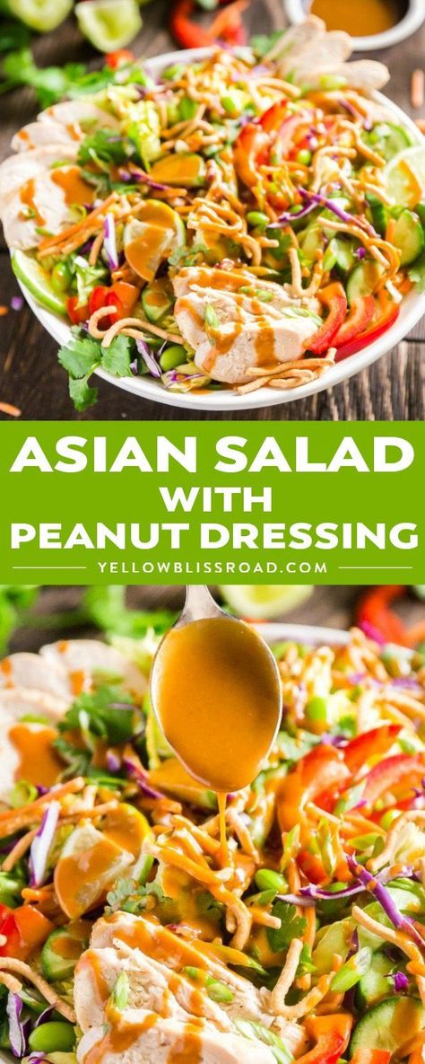 Asian Salad with Peanut Dressing is crisp, refreshing and full of delicious flavors- this is the perfect healthy main dish but can also be made to feel a crowd as a side dish or starter that will have people fighting for seconds! #salad #dinnerrecipes  #yellowblissroad Cooked Chicken Leftovers, Salad With Peanut Dressing, Asian Salad Dressing, Peanut Salad, Salads For A Crowd, Peanut Dressing, Asian Salad, Paleo Lunch, Main Dish Salads