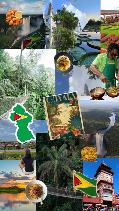 #collage #aesthetic #country #travel #Guyana #GuyaneseFood #viralpost #waterfalls #ChickenCurry Guyana Aesthetic, Caribbean Outfits, Aesthetic Country, Dream Travel Destinations, Art Wallpaper Iphone, America Travel, Dream Vacations, Travel Dreams, South America