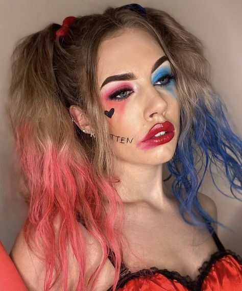 Maquillaje Harley Quinn, Maquillage Harley Quinn, Harley Quinn Halloween Costume, Halloweenský Makeup, Harley Quinn Makeup, Face Paint Ideas, Harley Quinn Halloween, Joker Makeup, Cute Halloween Makeup