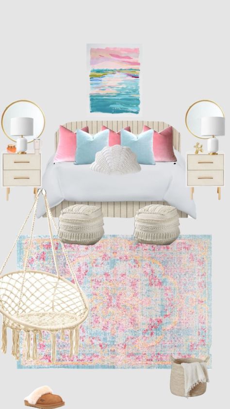 Preppy Room Collage, Preppy Bedroom Layout, Beachy Pink Bedroom, Beachy Preppy Bedroom, Pink And Blue Aesthetic Room, Coastal Pink Bedroom, Preppy Beach Bedroom, Preppy Beach Room, Preppy Coastal Bedroom