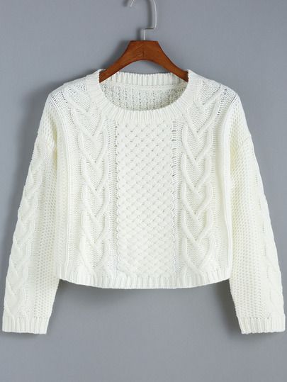 Shop White Round Neck Cable Knit Crop Sweater online. SheIn offers White Round Neck Cable Knit Crop Sweater & more to fit your fashionable needs. Latest Sweater Designs For Women, White Sweater For Women, Woolen Knitting Sweaters, Sweater For Girls Winter, Girls Sweater Design, Stylish Sweaters For Women, White Sweatshirt Outfit, Woolen Sweater Design, White Crochet Sweater