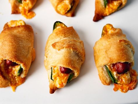 Jalapeño Popper Pigs in a Blanket Recipe Jalapeno Popper Filling, Popper Pigs In A Blanket, Hash Brown Cups, Cream Cheese Crescent Rolls, Poppers Recipe, Brown Cups, Jalapeno Popper, Roll Recipes, Crescent Roll Dough