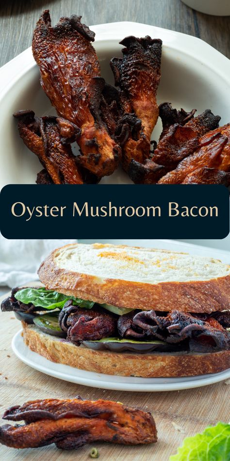 Vegan Mushroom Bacon, Okra And Mushrooms Recipe, How To Cook Pink Oyster Mushrooms, Vegan Recipes With Oyster Mushrooms, Vegetarian Oyster Mushroom Recipes, Oyster Mushroom Bacon, Pink Mushroom Recipe, Recipes For Oyster Mushrooms, Oster Mushrooms Recipe