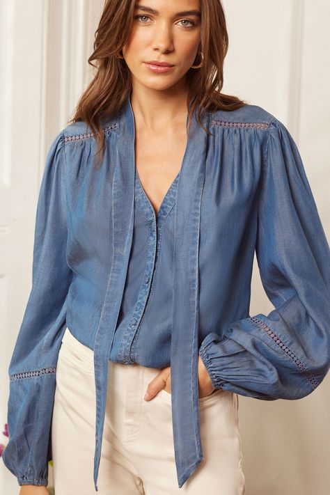 Blouse featuring chiffon fabric long sleeves with shirred cuffs and tie neck detail. 100% Tencel Lyocell. Long Sleeve Summer Tops, Girls Top Design For Jeans, Girls Top Design, Tencel Denim, Chiffon Shirt Blouse, Roses Blue, Chiffon Blouses, Gamine Style, Chiffon Sleeves