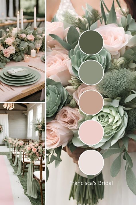 Dusty Rose And Forest Green Wedding, Dusty Pink And Green Wedding Theme, Green And Pink Wedding Aesthetic, Sage Green And Pink Table Setting, Dusty Sage Wedding Color Schemes, Sage Green And Rose Gold Wedding, Sage Table Setting Wedding, Pink And Green Table Setting, Green Wedding Colour Scheme