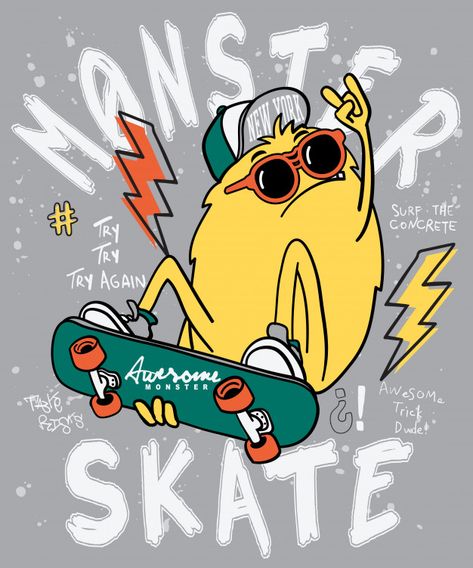 Skater Poster, Skate Art, Cool Monsters, Shirt Print Design, Shirt Printing, T Shirt Printing, Free Vector Graphics, Kids Prints, Wall Art Sign