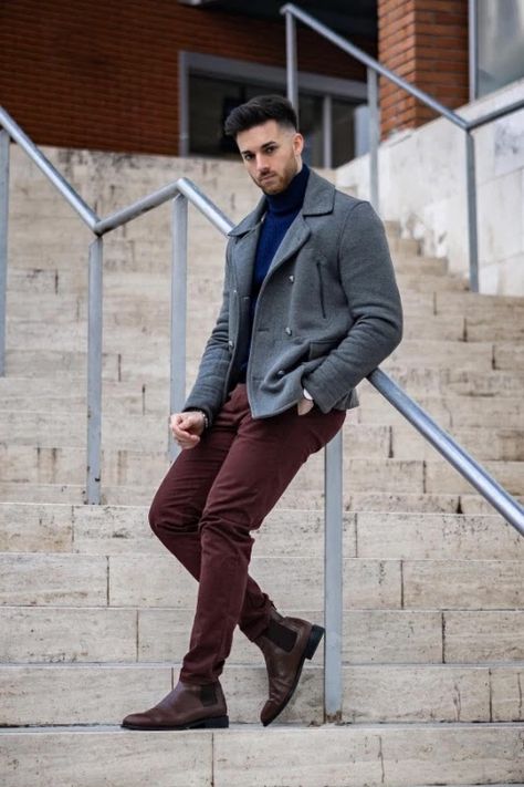 Dressing With Chelsea Boots Men, Dark Brown Boots Outfit Men, Dark Brown Chelsea Boots Men Outfit, Suede Blazer Outfit, Brown Chelsea Boots Outfit, Men Peacoat, Dark Brown Chelsea Boots, Chelsea Boots Outfits, Maroon Pants Outfit