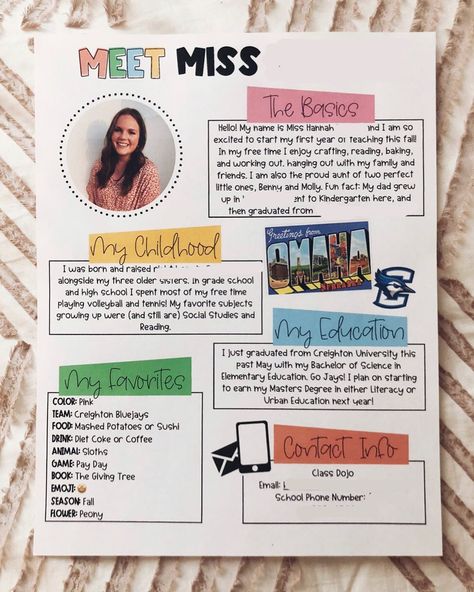 Hannah on Instagram: “Meet the teacher!!! ✨ Spent the afternoon making and formatting this little gem. It might seem a little early, but I swear July is about to…” Meet The Teacher Classroom Ideas, Meet Your Teacher Ideas, Meet The Art Teacher, Pre K Meet The Teacher Ideas, Meet The Teacher Middle School, Teacher Instagram Ideas, Meet The Teacher Preschool, Meet The Student Teacher, Meet The Teacher Ideas