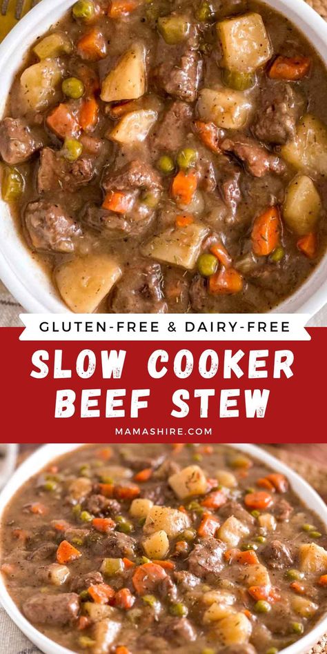 Gluten-Free Slow-Cooker Beef Stew is pure comfort food. It's delicious, with tender beef, tasty vegetables, and perfectly seasoned gravy. Veggie Beef Stew Crockpot, Gluten Free Beef Crock Pot Recipes, Gluten Free Beef Barley Soup, Slow Cooker Beef Stew Gluten Free, Dairy Free Stew Recipes, Gf Crock Pot Meals, Paleo Beef Stew Crockpot, Best Gluten Free Crockpot Recipes, Gluten Free Dairy Free Slow Cooker Meals