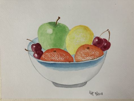 Watercolor fruit bowl Fruit Bowl Watercolor Painting, Fruit Bowl Watercolor, Fruit Watercolor, Bowl Of Fruit, Watercolor Fruit, Colour Painting, Watercolor Paintings Easy, Fruit Painting, Easy Watercolor