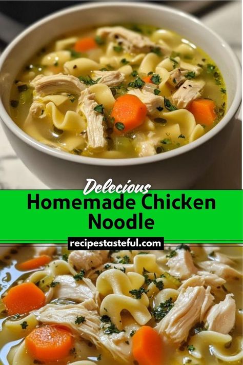 Homemade Chicken Noodle Soup is a classic and comforting dish perfect for cold days or when you're feeling under the weather. This recipe features a flavorful homemade chicken stock made from a rotisserie chicken, combined with sautéed vegetables, tender egg noodles, and juicy shredded chicken. It's a nourishing and heartwarming soup that brings together simple ingredients for a delicious result. Pizza Pasta Casserole, Chicken Noodle Soup Recipe Homemade, Soup Homemade, Baked Goat Cheese, Homemade Chicken Noodle, Flavorful Vegetables, Pasta Casserole, Chicken Noodle Soup Homemade, Winter Evening