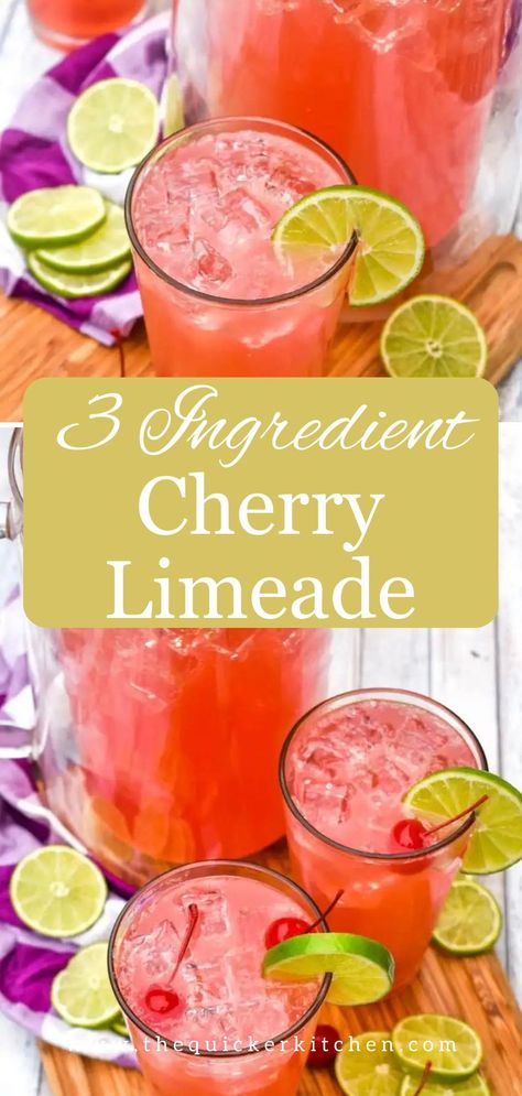 3 ingredient cherry limeade is a fun, party drink perfect for the kids. This nonalcoholic drink features fizzy lemon lime soda, cherries, and limeade for a beverage sure to make the kids feel special. You don’t want to miss this recipe! Save this recipe from thequickerkitchen.com today. Pioneer Woman Cherry Limeade, Limeade Punch Nonalcoholic, Lime Drinks Non Alcoholic, Nonalcoholic Punch Recipes, Easy Drink Recipes Nonalcoholic, Party Drinks Nonalcoholic, Limeade Punch, Cherry Limeade Recipe, Nonalcoholic Drink