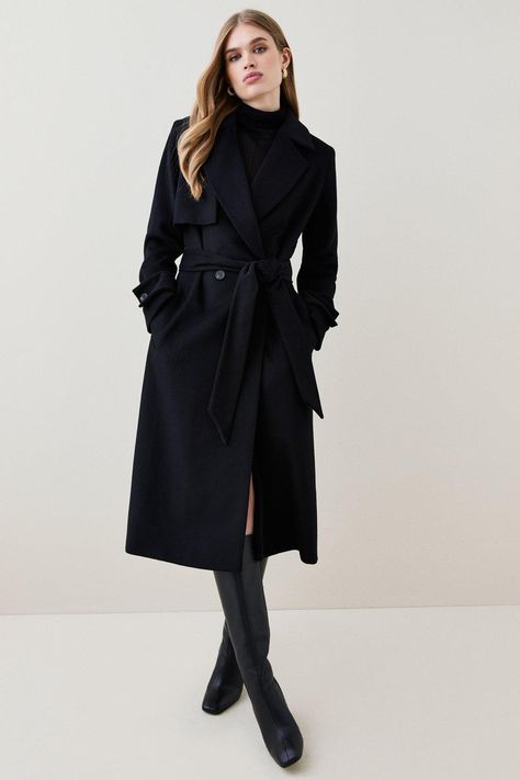 Italian Luxurious Textured Wool Belted Trench Coat - Black - Completed with notch lapels, a classic double-breasted closure and buttoned tabs at the cuffs, this staple belted coat promises effortless sophistication to any ensemble. Crafted with soft, lustrous zibeline fabric, this coat has a premium feel.Style: Wool Look CoatDesign: PlainFabric: WovenLength: LonglineNeckline: CollaredSleeve Length: Long Sleeve Discover our full collection of coats and jackets for the season ahead, including essential trench coats and investment leather jackets. Wool Coat With Belt, Black Trench Coat Outfit Casual, Belted Coat Outfit, Long Wool Coat Outfit, Grown Outfits, Paris Night Outfit, Long Black Coat Outfit, Black Trench Coat Outfit, Black Wool Trench Coat