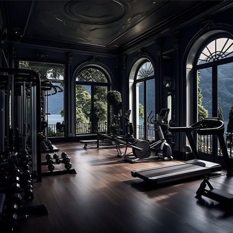 Gym With A View, Italy Mansion, Luxurious Gym, Home Gym Design Luxury, Ruang Gym, Luxury Home Gym, Views Of Nature, Mansion Aesthetic, Dream Home Gym