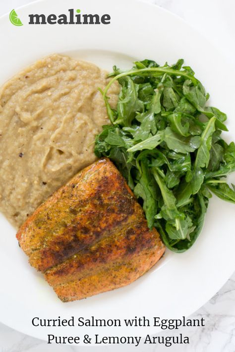 Mealime Keto: Curried Salmon with Eggplant Puree & Lemony Arugula Eggplant Puree Recipe, Advice For Friends, Curried Salmon, Eggplant Puree, Mustard Salmon, Recipes Quinoa, Eggplant Recipes, 30 Minute Meals, Keto Meal Plan