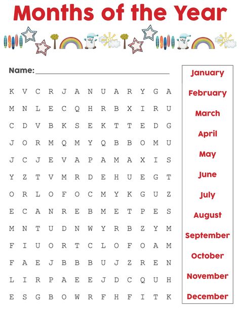 Sopa de letras sobre los meses del año. Months Of The Year Word Search, Months Worksheet For Kids, Month Of The Year Worksheet, Month Worksheet, English Primary School, Word Puzzles For Kids, Ingles Kids, English Activities For Kids, English Exercises