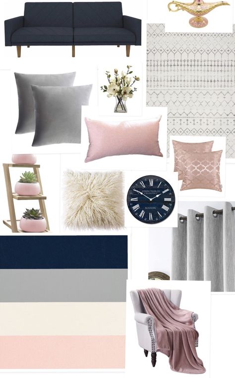 Pink, gray, cream, and navy color palette Pink And Navy Living Room, Cozy Girly Bedroom, Navy Living Room Ideas, Vintage Bedroom Decor Ideas, Blue And Pink Living Room, Navy Living Room, Blush Living Room, Girly Bedroom Decor, Navy Color Palette