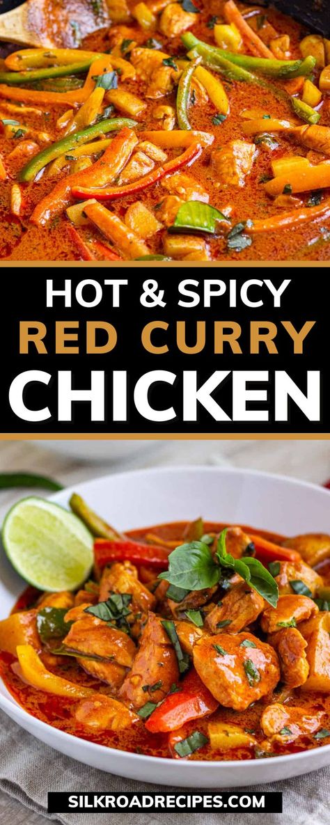 This Hot and Spicy Red Curry Chicken is a Thai recipe that can be made in less than 40 minutes and give you all the heat you’re looking for. If you need to tone down the spice, eat this Thai Curry with naan bread or rice. The juicy chicken with the curry sauce is delicious! Spicy Thai Red Curry Chicken Casserole, Spicy Red Curry Chicken, Curry Recipes Spicy, Best Red Curry Recipe, Spicy Thai Chicken Recipes, Spicy Thai Curry Recipes, Thai Recipes Spicy, Spicy Red Curry, Hot Curry Recipes