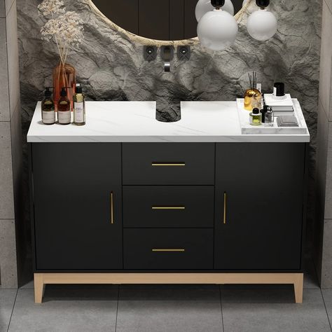 Free Standing Single Bathroom Vanity with Top Lacquer Black/Gold - On Sale - Bed Bath & Beyond - 39157924 Modern Black Vanity, Decorating Bathrooms, School Bathroom, Luxury Bathrooms, Black Vanity, Bathroom Vanity Base, Stone Sink, Bathroom Trends, Bathroom Design Luxury