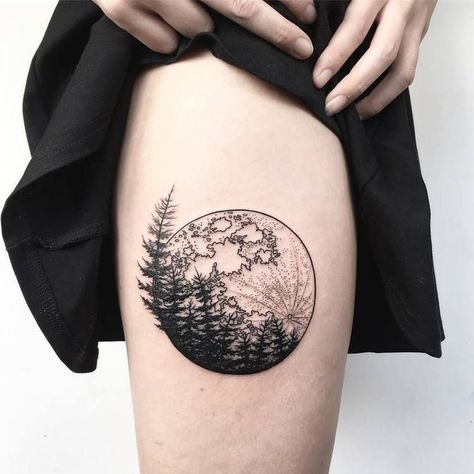 Full moon and forest tattoo Tree Thigh Tattoo, Front Thigh Tattoos, Full Moon Tattoo, Forest Tattoo, Tattoo Moon, Small Chest Tattoos, Tattoos To Cover Scars, Forest Tattoos, Moon Tattoo Designs