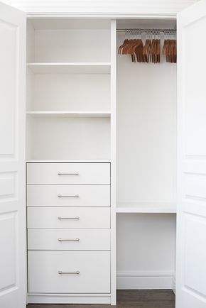 Small Closet Shelving, Drawers Organization, Organization Drawers, Small Closet Organization Bedroom, Closet Small Bedroom, Shared Closet, Closet Built Ins, Organization Closet, White Closet