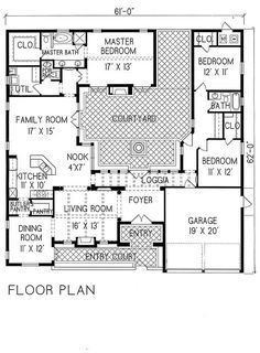 Spanish Courtyard House, Hacienda House Plans, Spanish Courtyard, Hacienda Style Homes, Courtyard House Plans, A Small House, Mediterranean Home Decor, Attached Garage, Spanish Style Home