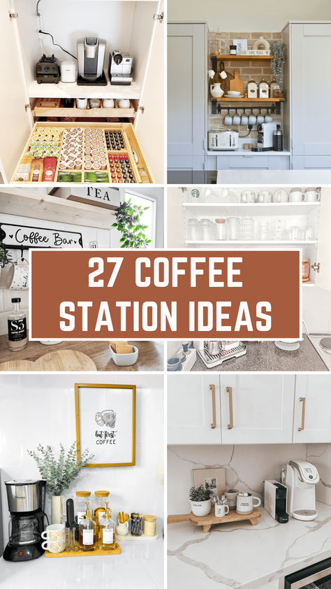 A cozy kitchen corner with a coffee station featuring a wooden shelf, coffee maker, mugs hanging on hooks, and jars of coffee beans and sugar. Small Home Coffee Station, Coffee Station Shelf Ideas, Home Coffee Stations Counter Space, At Home Coffee Bar Small Spaces, Mini Coffee Station On Counter, Diy Kitchen Coffee Station, Diy Coffee And Tea Station, Keurig Coffee Station Small, Coffee Stand Ideas Home