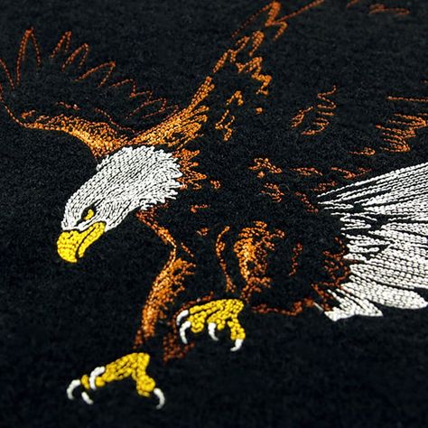 <p>This stunning eagle is ready to land on your pillows, wall hangings, and jackets.</p><ul><li>Black areas are open to fabric.</li><li>Stitch onto dark fabrics for best results.</li></ul> Embroidery On Shirt, Eagle Embroidery, Freestanding Lace Embroidery, Jackets Black, Urban Threads, Holiday Flower, Applique Embroidery Designs, Free Machine Embroidery Designs, Embroidery Library