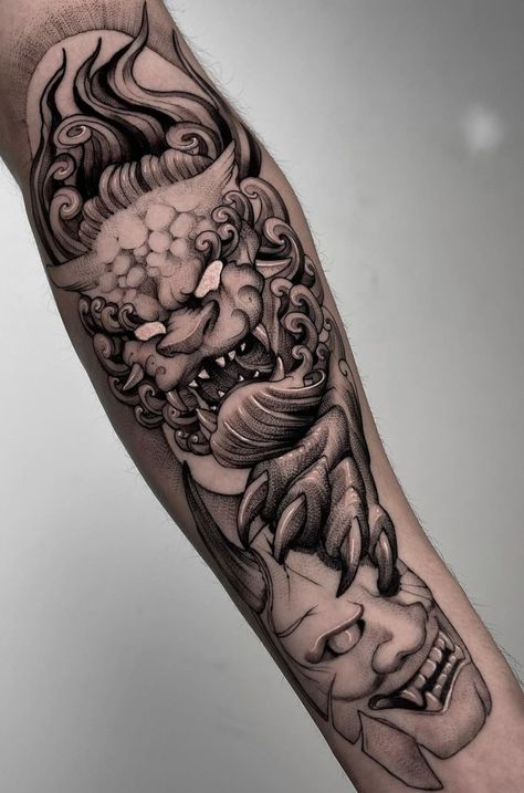 Foo Dog Tattoo Meaning, Japanese Foo Dog, Foo Dog Tattoo Design, Samurai Tattoo Sleeve, Japanese Tattoos For Men, Oni Tattoo, Foo Dog Tattoo, Hannya Mask Tattoo, Tattoo Schrift