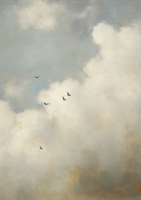 Vintage Art Prints - Plank and Pillow Sky With Birds Painting, Botanical Canvas Wall Art, Vintage Nature Painting, Soft Landscape Paintings, Clouds Wall Art, Vintage Oil Paintings Landscapes, Cloud Wall Painting, Subtle Paintings, Birds Flying Painting