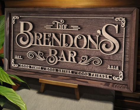 Home Bar Signs Personalized, Bar Sign Ideas, Bar Signs For Home, Wall Decor Basement, Wood Bar Sign, Tiki Bars Diy, Lounge Sign, Man Cave Pub, Laser Signs