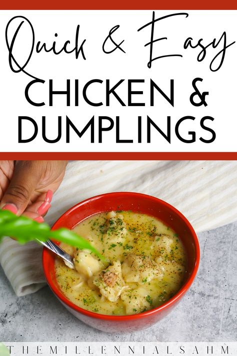 These easy Chicken and Dumplings are made with rotisserie chicken and frozen biscuits to save time on those busy weeknights. Chicken Amd Dumplings, Quick Chicken And Dumplings, Easy Chicken And Dumplings, Chicken Thights Recipes, Frozen Biscuits, Dinner Casserole Recipes, Crockpot Chicken And Dumplings, Frozen Dumplings, Chicken And Biscuits