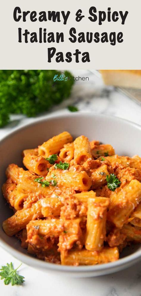 Craving for something spicy and quick for dinner? Then this Spicy Italian Sausage Pasta is the perfect dish for you! Deliciously creamy and filling, and ready in 30 minutes! Give it a try! Spicy Italian Sausage Pasta, Spicy Italian Sausage Recipe, Italian Sausage Pasta Sauce, Hot Italian Sausage Recipes, Spicy Sausage Recipes, Italian Sausage Recipes Pasta, Sausage Pasta Sauce, Spicy Pasta Recipes, Creamy Sausage Pasta