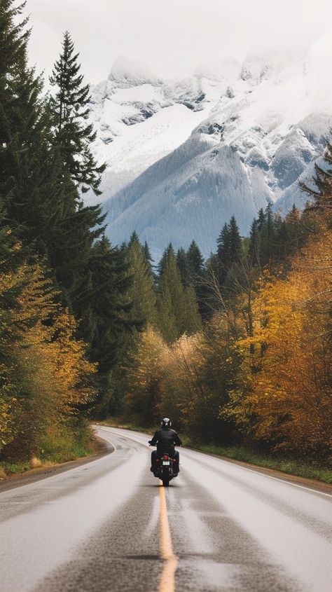 Motorcycle Mountain Adventure: A solo motorcycle rider travels down a picturesque road flanked by autumn trees and snowy mountains. #motorcycle #mountains #adventure #road #autumn #aiart #aiphoto #stockcake ⬇️ Download and 📝 Prompt 👉 https://ayr.app/l/wHJW Motorcycle Vision Board, Motorcycle Road Trip Aesthetic, Beautiful Roads Photography, Fall Motorcycle Photoshoot, Bike Travel Photography, Motorcycle Mountains, Photo Moto, Inktober Inspiration, Adventure Photoshoot