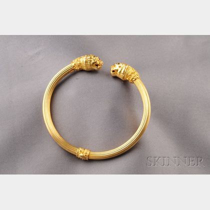 Sold at auction 18kt Gold Lion's Head Bangle Auction Number 2462 Lot Number 193 | Skinner Auctioneers Lion Bracelet, Gold Lion, Baby Lion, Lion Head, Items For Sale, Lion, Ruby, Bangles, Auction