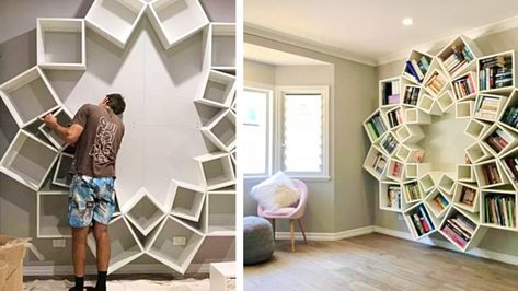 Parents Craft Spiral Bookcase Using Only Wood Boxes – DIY Ways Creative Bookcases, Bookcase Diy, Bookcase Wall, Large Shelves, Small Shelves, Storage Hacks, Book Shelf, Design Case, Wood Boxes