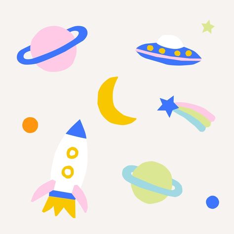 Star Space Tattoo, Cute Space Illustration, Planet Illustration Design, Kids Prints Design, Space Illustration Design, Moon Illustration Art, Planets Illustration, Rocket Illustration, Paper Rocket