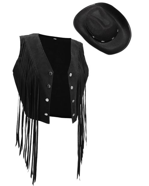 PRICES MAY VARY. Western Cowgirl Costume Set: the set of cow girl costume for women includes 1 piece fringe top for women western and 1 piece cowgirl hat, which can meet most people's preferences and decorative needs, a nice combination for cowgirls Western Theme: the fringe vest for women hippie features classic western cowboy hippie style, with faux suede tassels on the front and rivets decorated, stylish and cool; The cowboy hat with strap and rivets also will add a cool and different touch t Western Cowgirl Costume, Cowgirl Costume For Women, Black Cowgirl Outfit, Felt Cowgirl Hat, Tassel Jacket, Cowboy Costume, Black Cowgirl, Cowgirl Costume, 70s Hippie