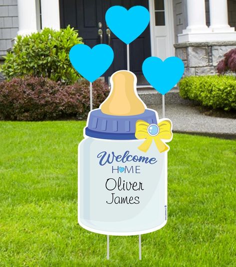 Welcome Home Your New Bundle of Joy with this personalized baby bottle lawn sign decoration.  Makes a great Gift for the proud new parents. *Baby Bottle Sign Size:  22 in x 15 in *Custom Baby Name * Waterproof * Comes with metal stakes for simple set up * Can be used as a baby shower decoration, hospital door sign, baby door sign and nursery wall    decoration *Makes a great baby keepsake * Made in the USA SIBLING STAR SIGNS https://www.etsy.com/listing/601482694/custom-big-brother-boy-sign-lawn-stork Stork Yard Sign, Personalized Baby Bottle, Baby Door Signs, Welcome Baby Signs, Outdoor Card, Welcome Baby Banner, Art Bottle, Baby Door, Welcome Home Baby