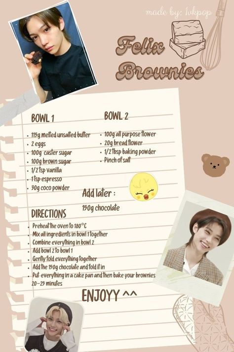 #straykids #felix #brownies Felix's Brownies Recipe, Felix With Brownies, Felix Brownies Recipe Skz, Felix Making Brownies, Lee Felix Brownie Recipe, Felix Brownie Recipe Skz In Cups, Felix Cookie Recipe Skz, Felix Stray Kids Brownies Recipe, Felix Brownies Recipe